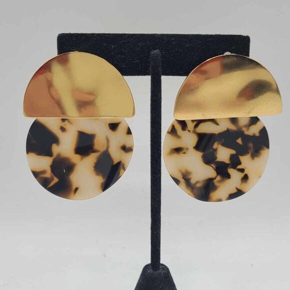 J Crew Brass and Tortoise Resin Large Disc Earrings - Picture 1 of 7